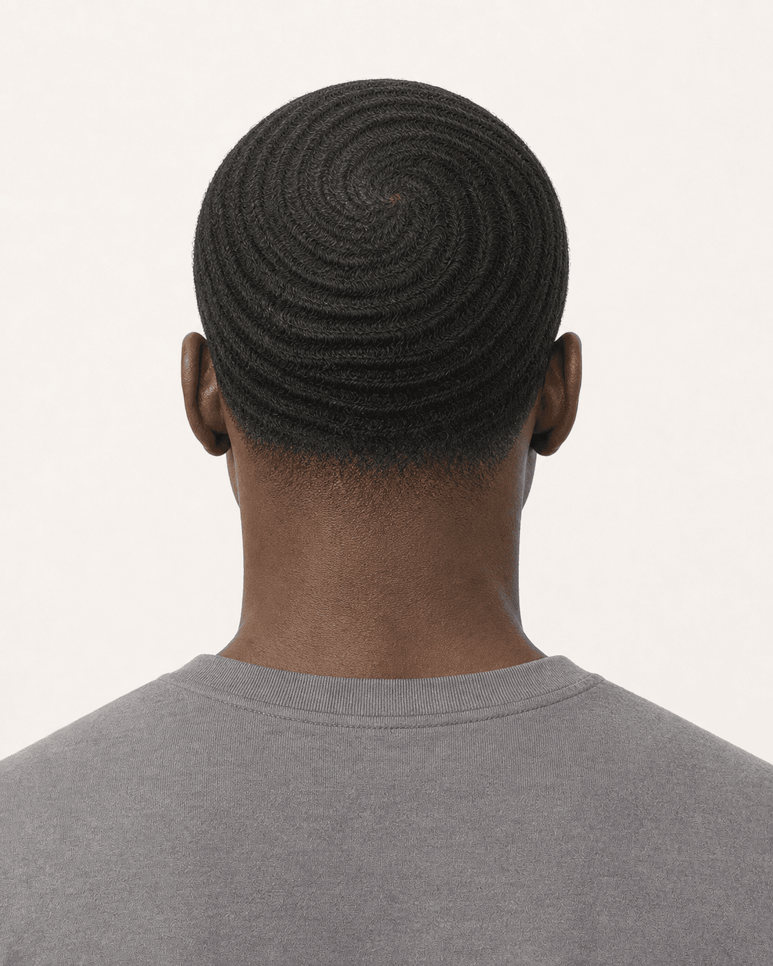 Annotated rear construction map for 360 Waves with Low Taper. Rear view of 360 waves showing a centered crown whorl and low nape taper