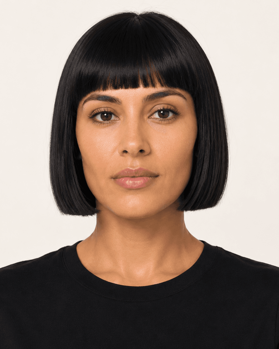 Front view of a blunt bob with micro fringe