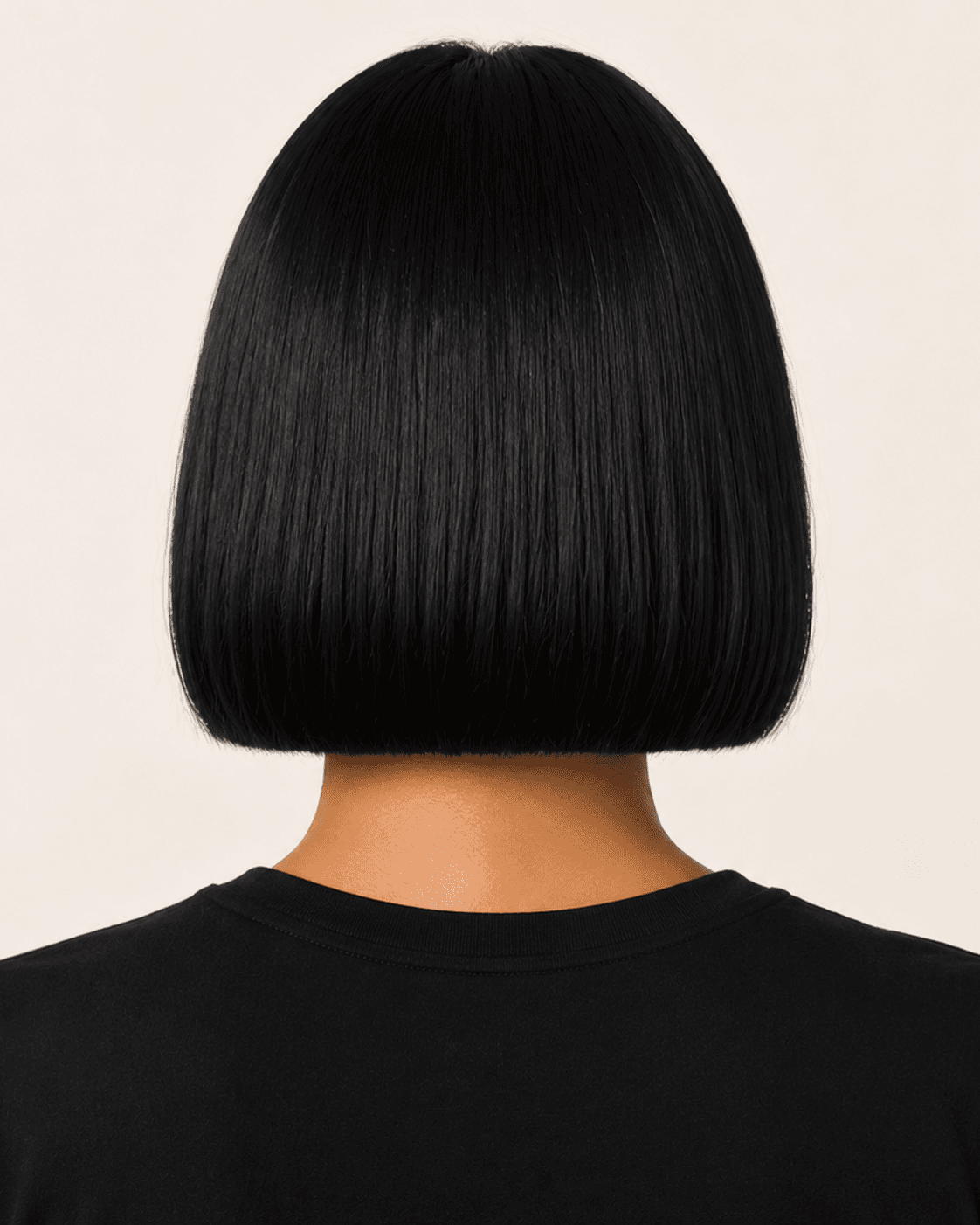 Rear view of a blunt bob with micro fringe showing the perimeter