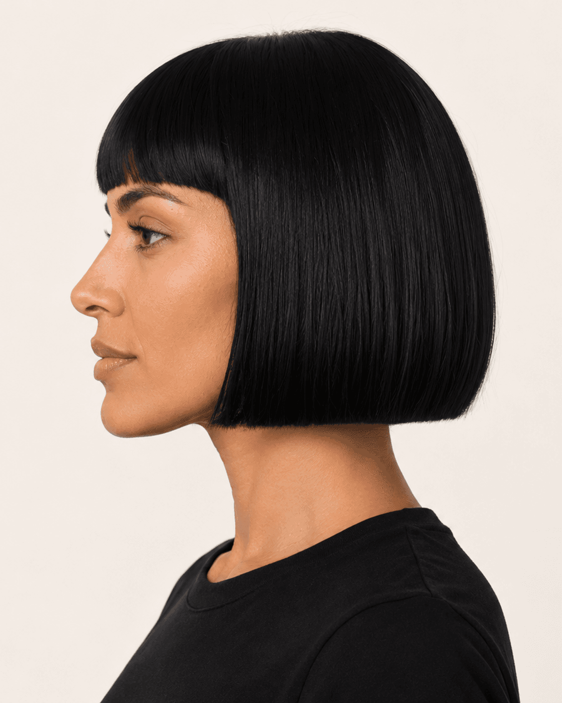 Side profile of a blunt bob with micro fringe