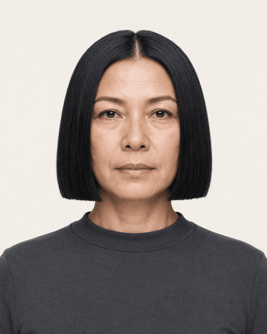 Front view of a blue-black blunt chin-length bob with exact center part