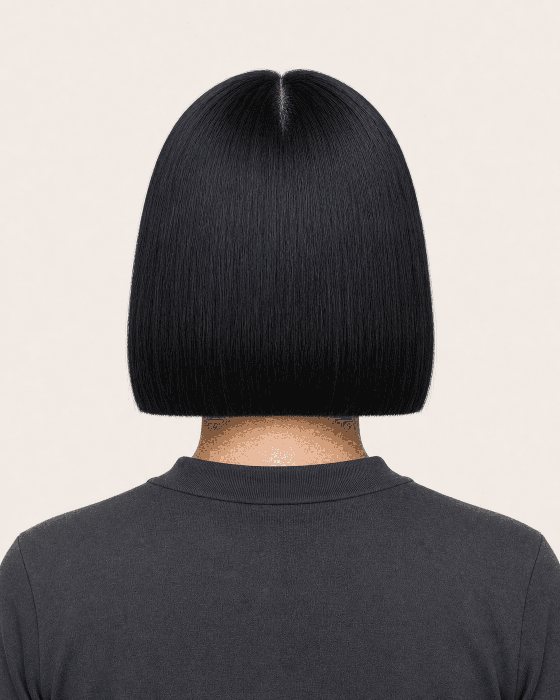 Rear view of a blue-black blunt bob showing center part and level upper-nape baseline