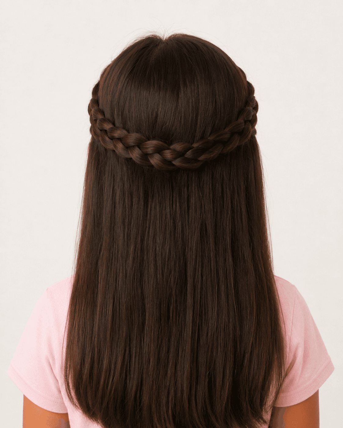 Rear view of a braided crown style showing the braid wrapping the back of the crown