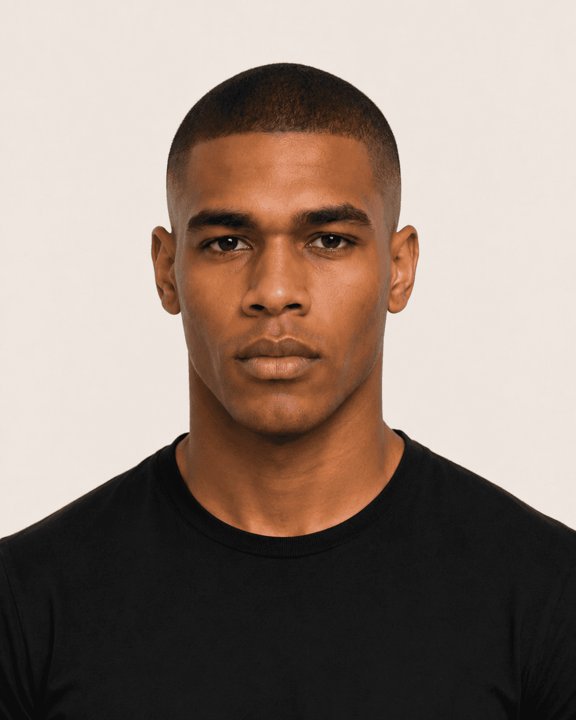 Front view of a buzz cut with subtle fade