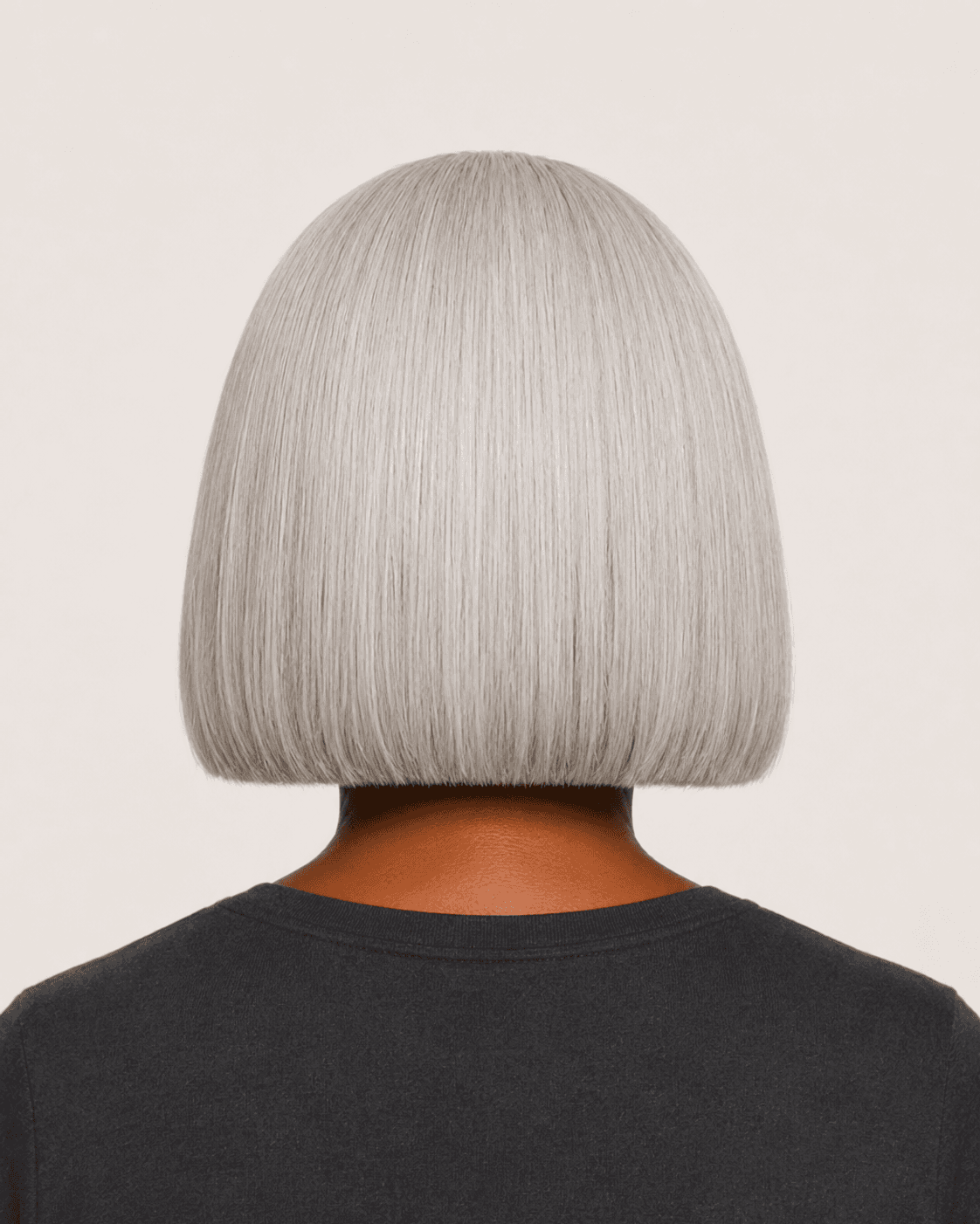 Rear view of a classic silver bob showing the one-length perimeter and symmetry