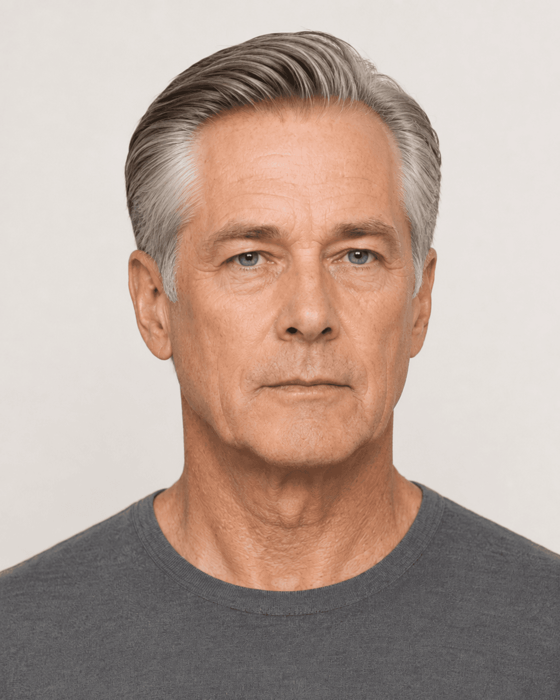 Front view of a classic swept-back cut with natural grey blend