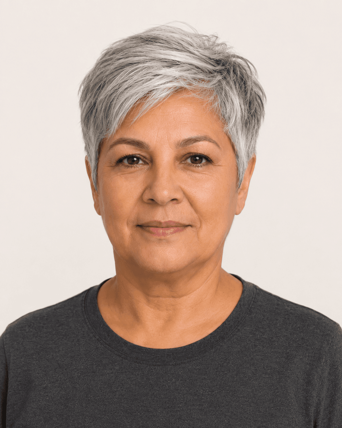 Front view of a cropped pixie with soft side-swept fringe