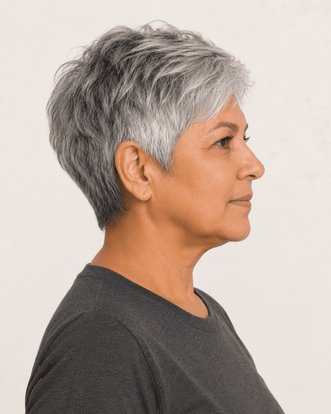 Side profile of a cropped pixie showing the close-cropped side and ear contour