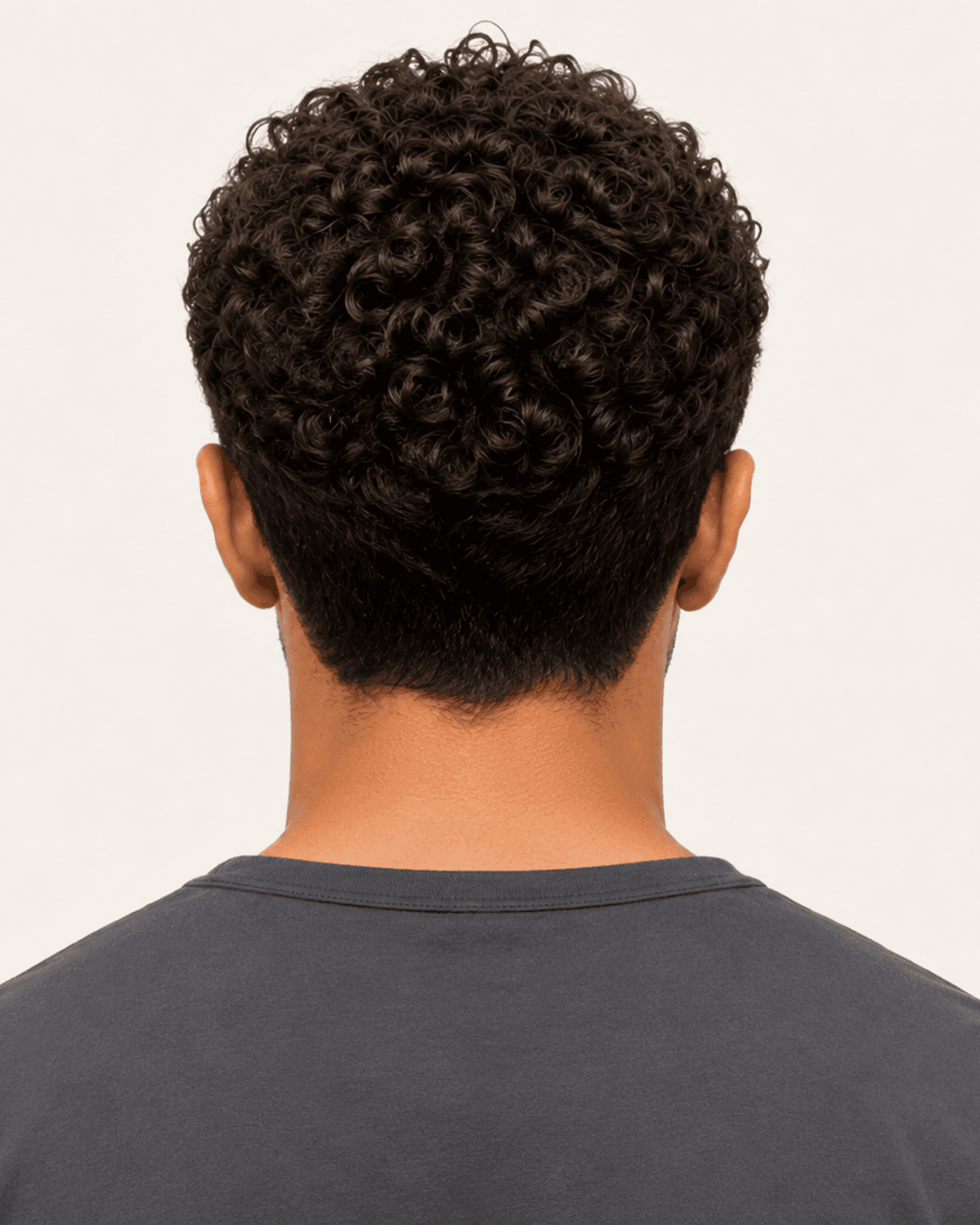 Rear view of a curly fringe crop showing the taper and crown curl pattern