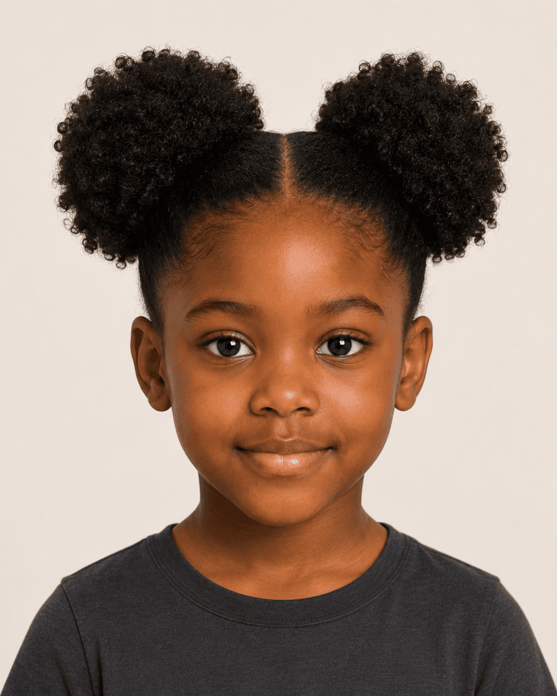 Front view of double curly puffs on a young girl