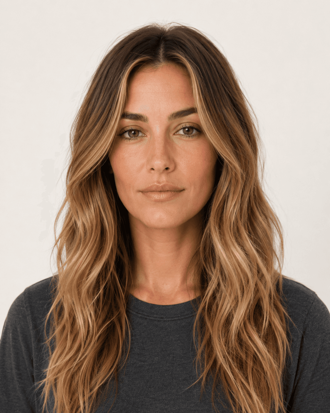 Front view of long beach waves with sun-kissed balayage