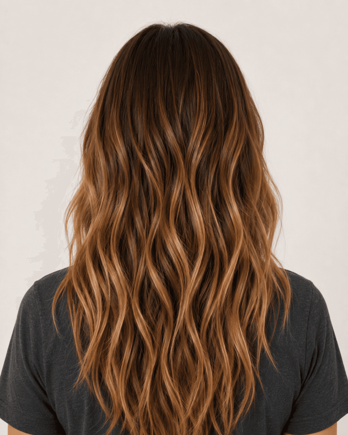 Rear view of long beach waves showing the balayage and wave pattern