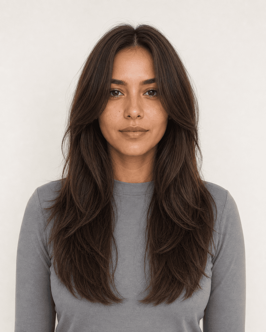 Front view of a long chestnut layered cut with center-parted curtain fringe