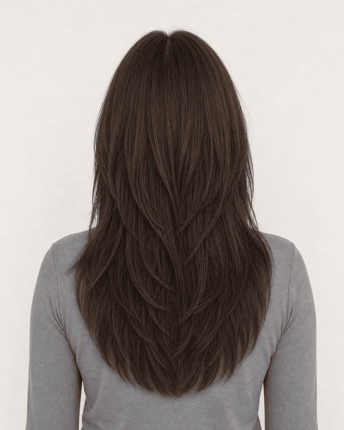 Rear view of a long chestnut layered cut showing crown fall and layered perimeter