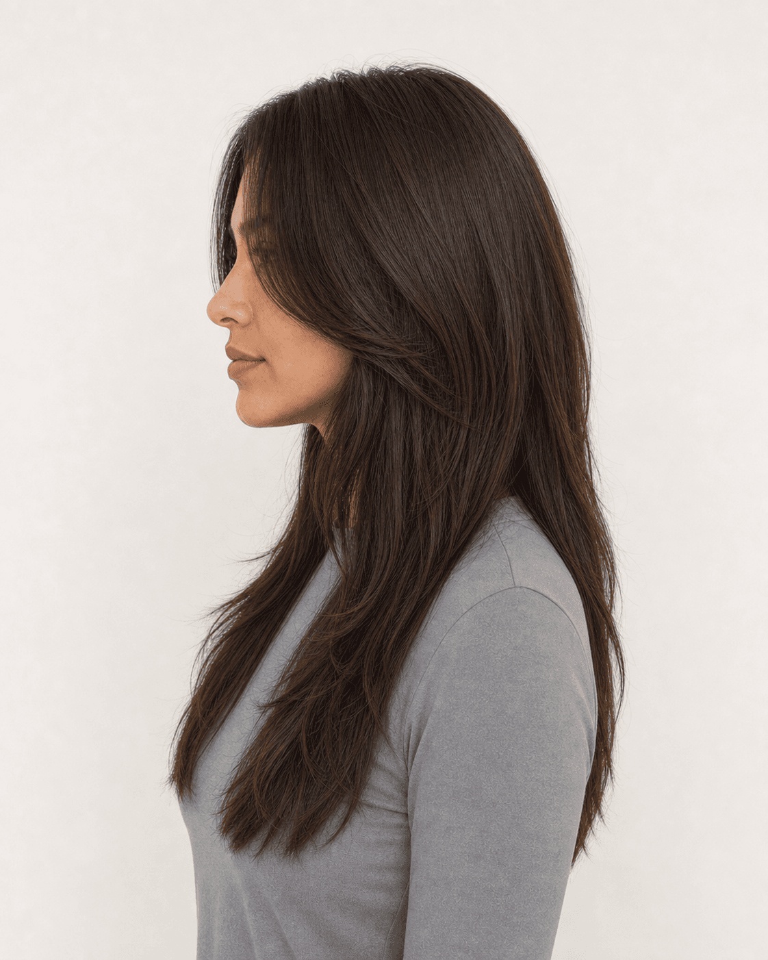 Side profile of a long layered cut showing curtain fringe, side layers, and mid-chest length