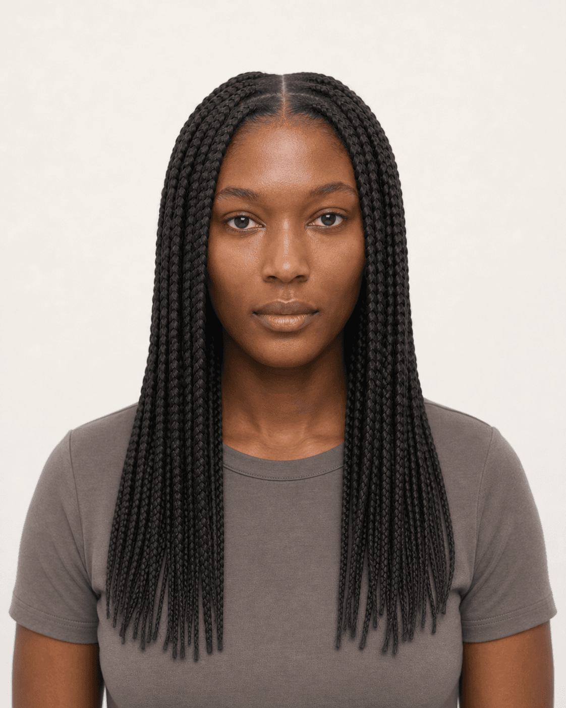 Annotated front construction map for Medium Knotless Box Braids. Front view of medium knotless box braids with a center part