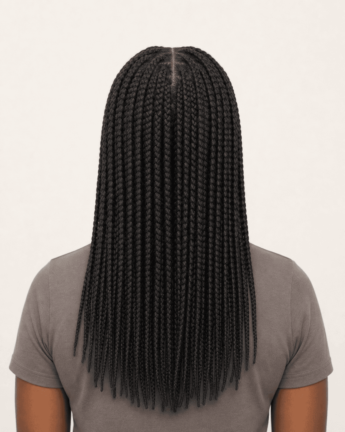 Annotated rear construction map for Medium Knotless Box Braids. Rear view of medium knotless box braids showing the crown section map