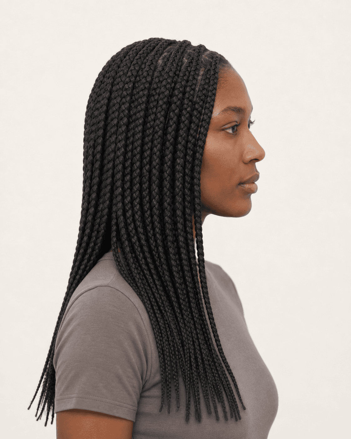 Annotated side construction map for Medium Knotless Box Braids. Side profile of center-parted medium knotless box braids