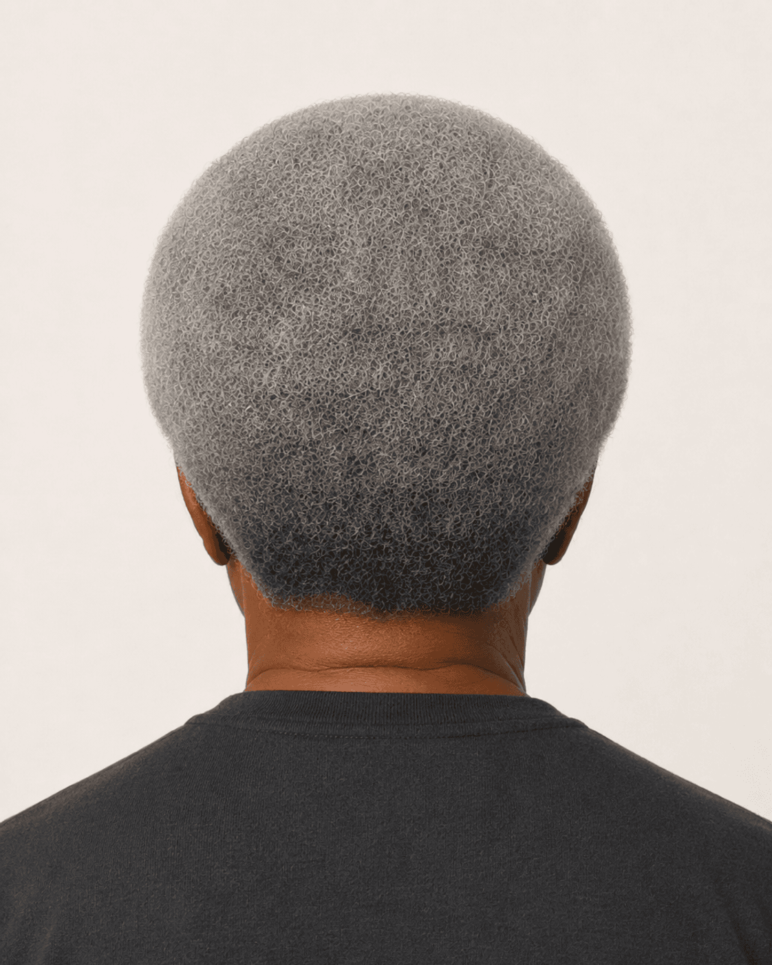 Rear view of a natural grey afro showing the rounded crown and even perimeter