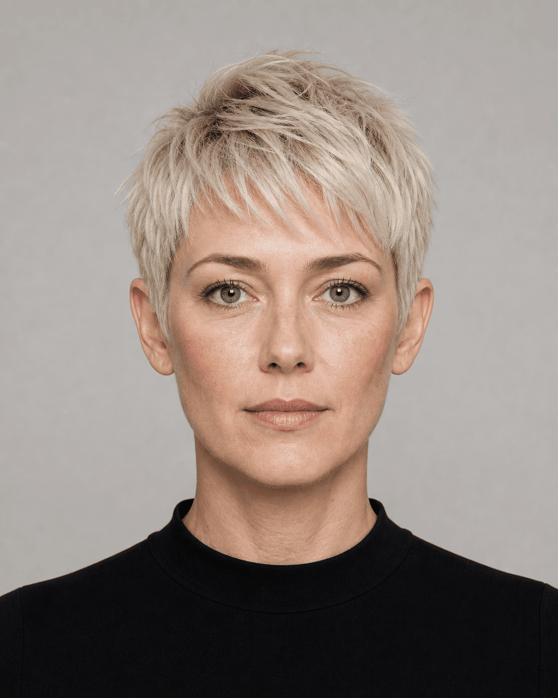 Front view of a platinum textured pixie with an airy broken fringe and softly tapered sides