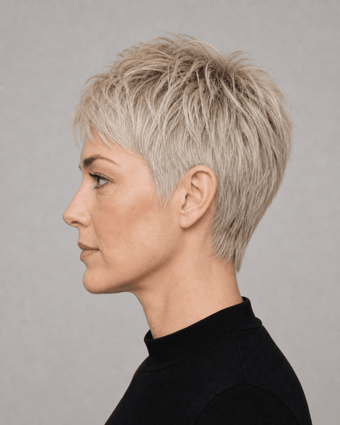Side profile of a platinum textured pixie showing the ear contour, crown, and tapered nape