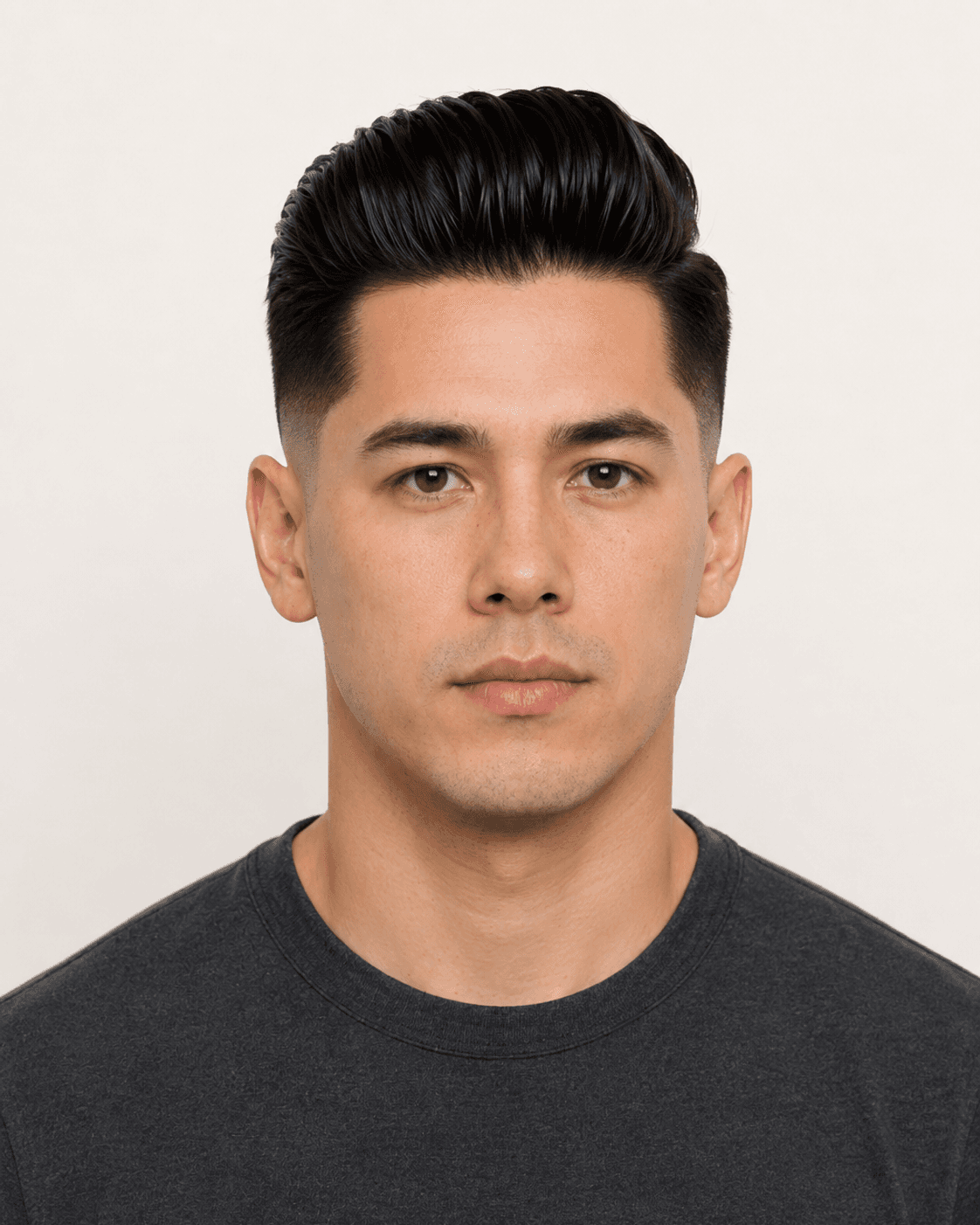 Front view of a modern pompadour with mid fade showing swept-back volume