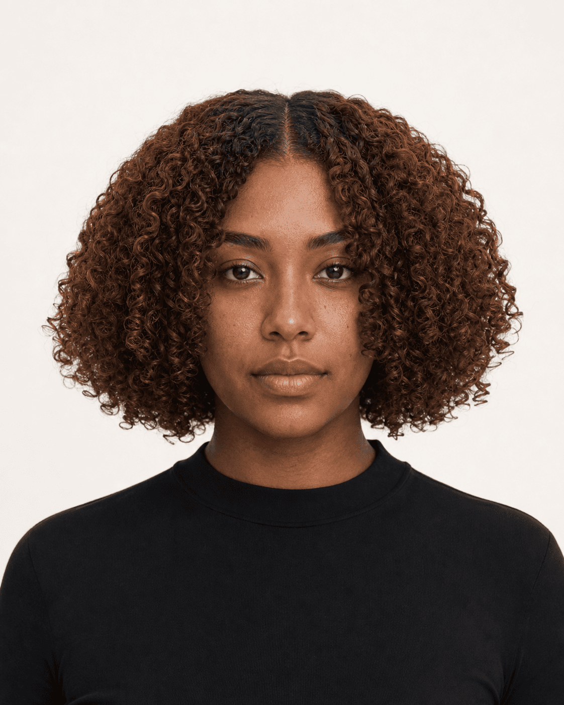 Front view of a rounded dark copper-brown 3B curly bob with center part