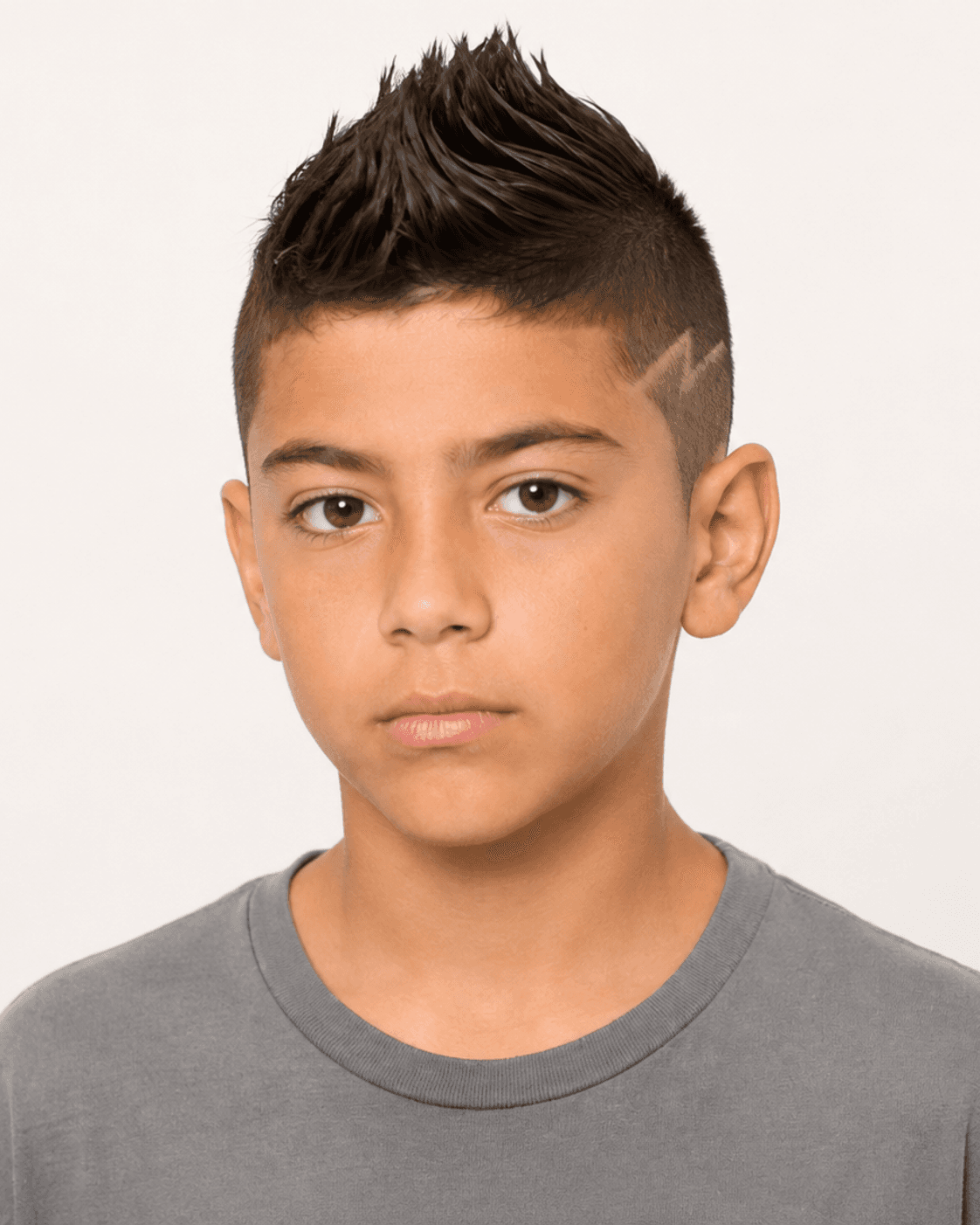 Front view of a spiky faux hawk with a shaved design line on a young boy