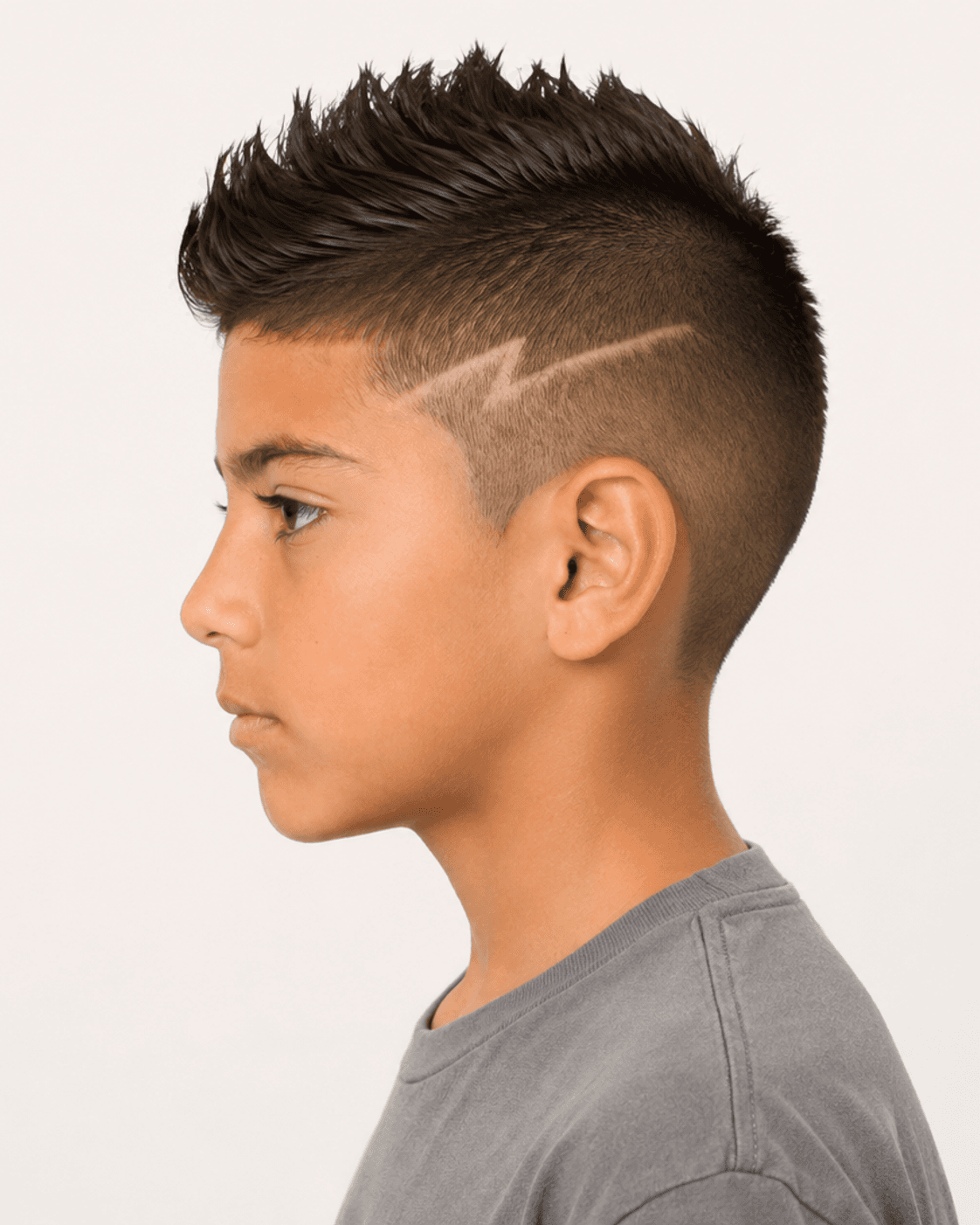 Side profile of a spiky faux hawk showing the fade and design line