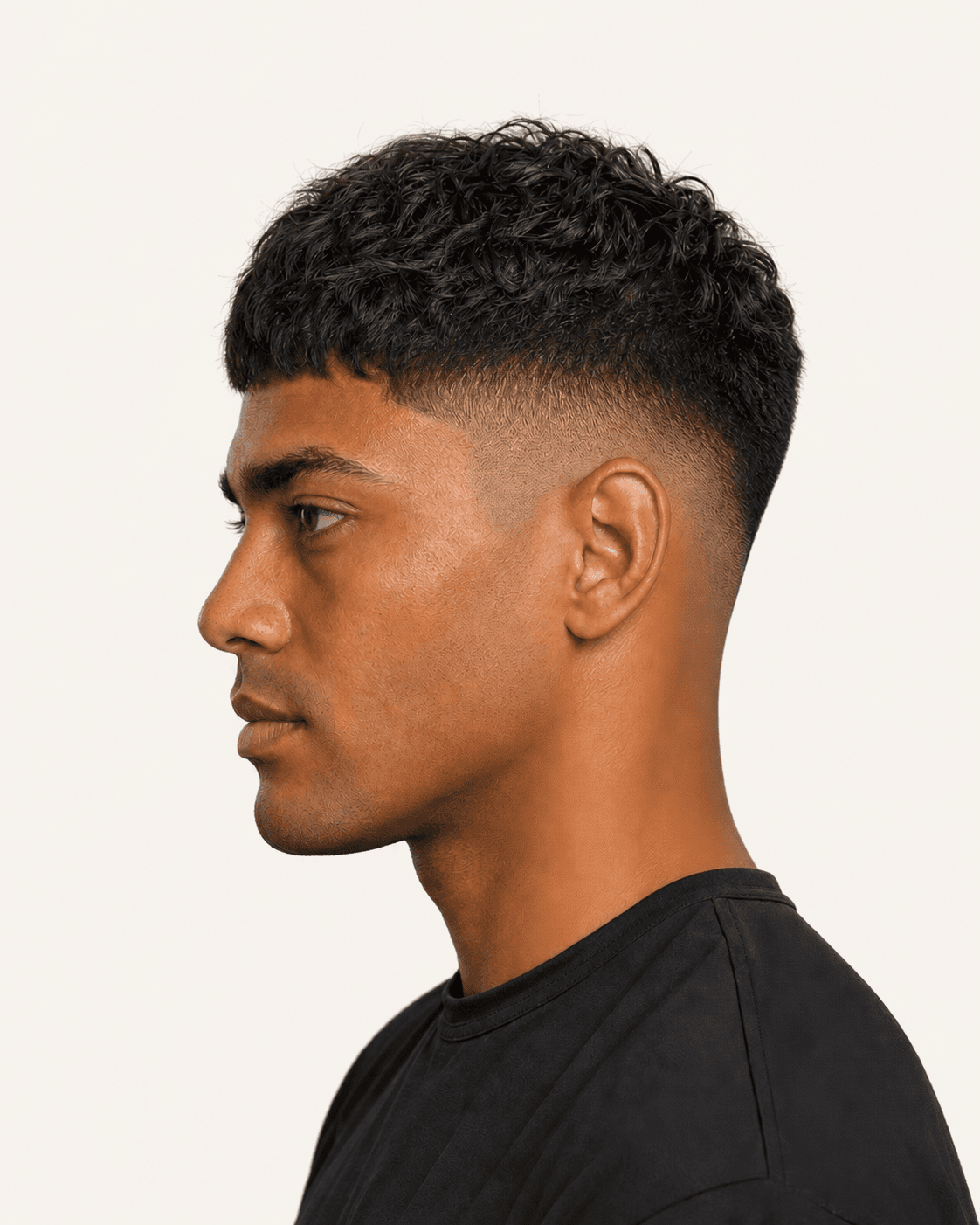 Annotated side construction map for Textured French Crop. Side profile of a textured French crop showing the mid-high skin fade and tapered neckline