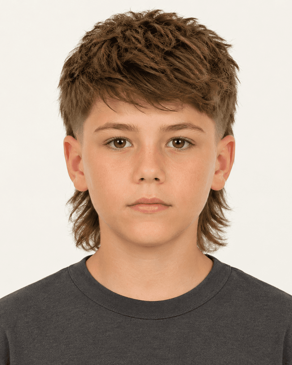 Front view of a textured mullet on a young boy