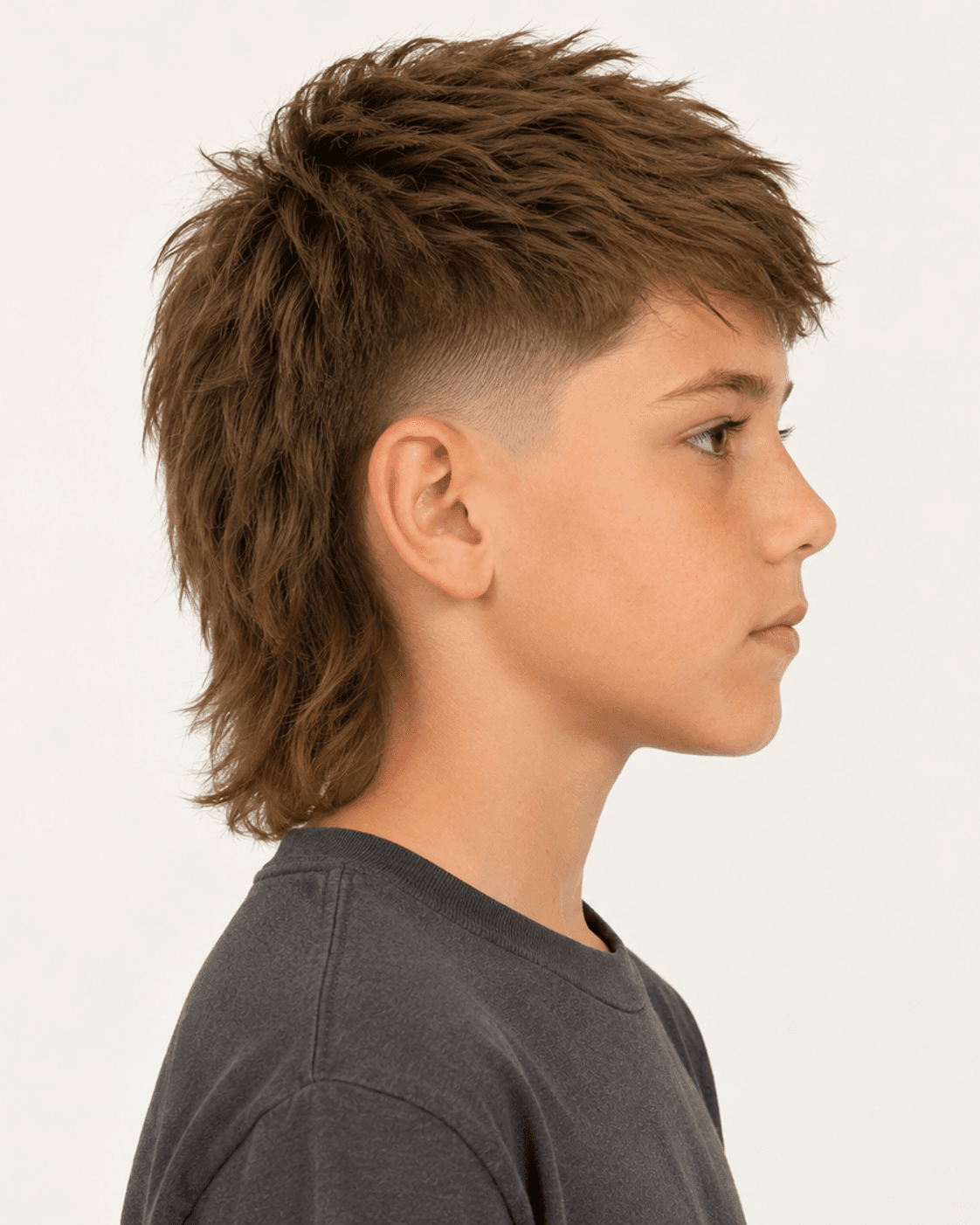 Side profile of a textured mullet showing the fade and back length